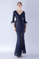 Marineblaues V-Ausschnitt Ballkleid mit Pailletten und halben Ärmeln und Federn